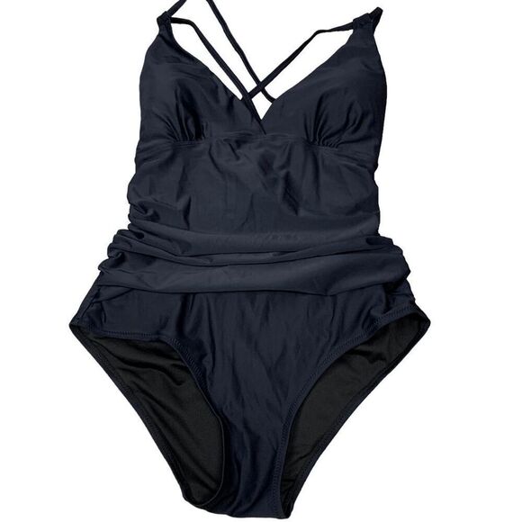 All Sure Women's size Large Black Halter Ruched waist One piece swimsuit - Picture 4 of 10